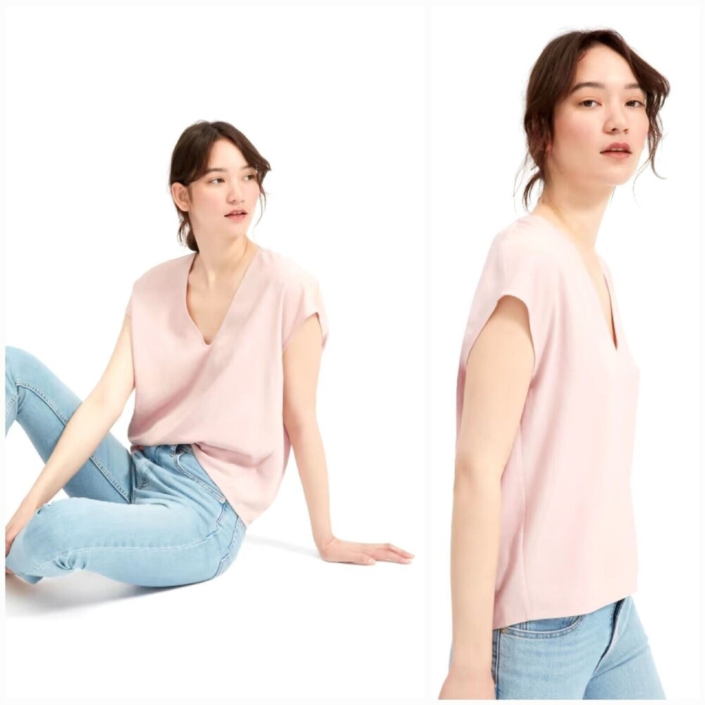 Everlane Japanese GoWeave Light Pink Rose Square Capsule Boxy V-Neck Tee Size 0 - Picture 2 of 12